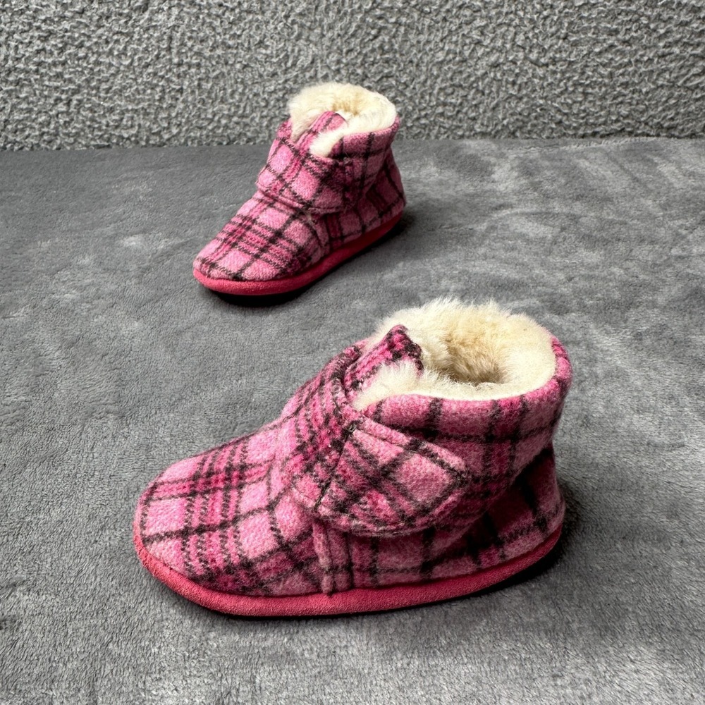 Minnetonka Slipper Boots Toddler Girls Sz 3 Pink Plaid Faux Fur Wool Lined Cozy